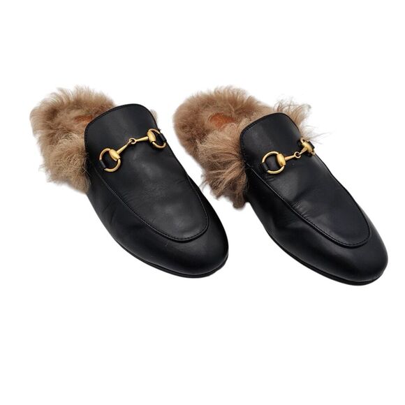 Gucci Princetown Horsebit Fur Lined Mule Flat Size 37.5 US 7.5 Black Leather - Picture 1 of 11